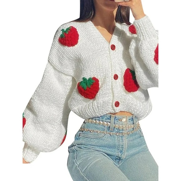 Women Handmade 3D Floral/Strawberry Chunky Knit Cardigan Harajuku Loose Sweater - Picture 3 of 5